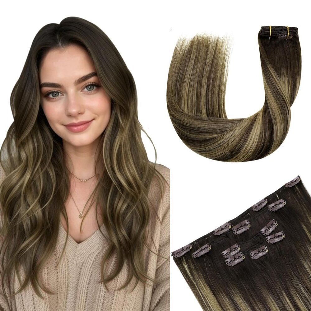Human Hair Clip in Extensions Brown Blonde Balayage 14 Inch 70g 5pcs